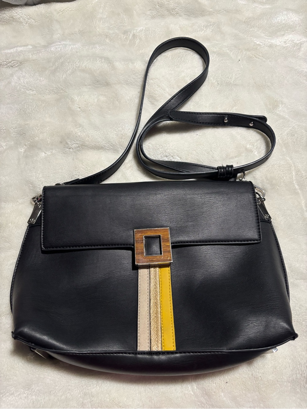 Céline Dion Collection Black Faux Leather Stripe Crossbody Bag